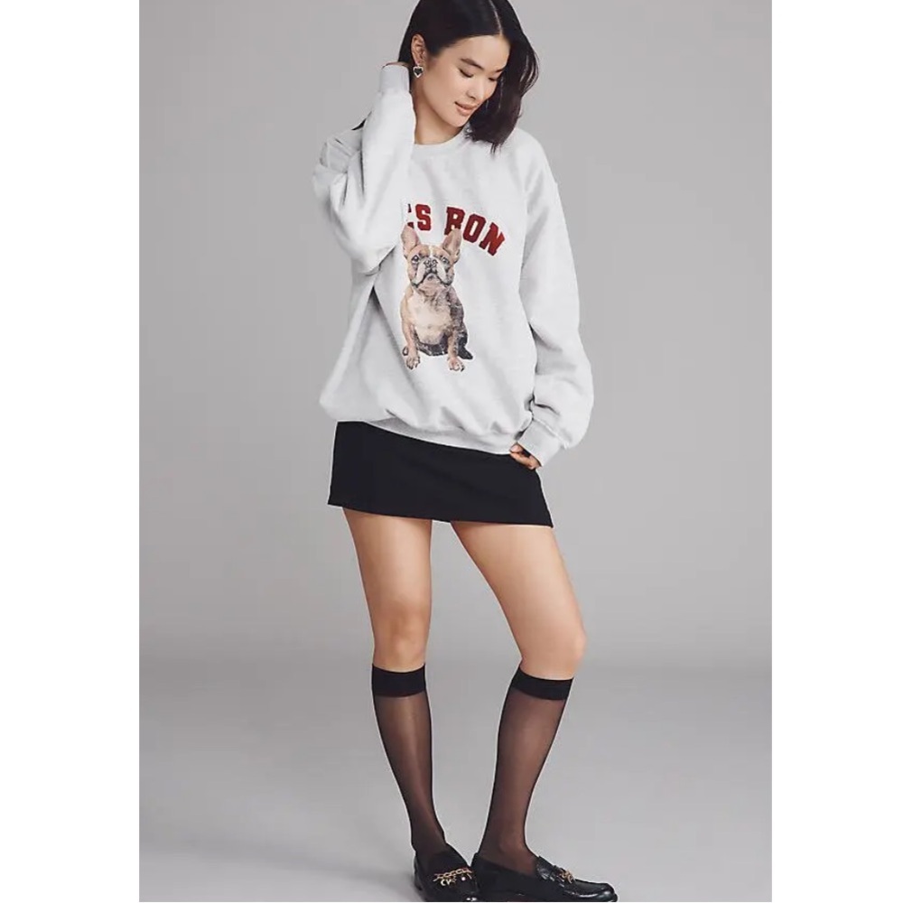 37) NWOT Anthropologie Oversized Dog Graphic Sweatshirt Grey Frenchie minor flaw - Picture 5 of 8